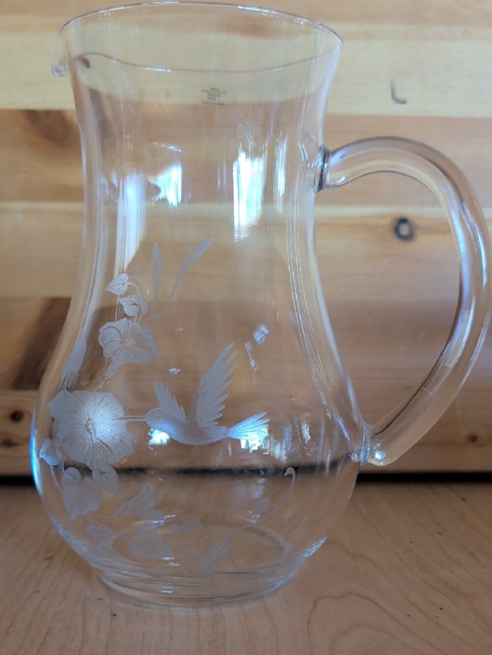 Avon, Clear Etched Glass Pitcher with Hummingbird Motif. Made In France.